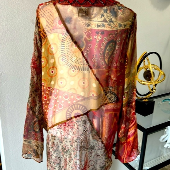 Chico’s NEW Silk long sleeve Sheer Tunic,V-neck embroidered neckline, Sz1, Sz S - Picture 3 of 15